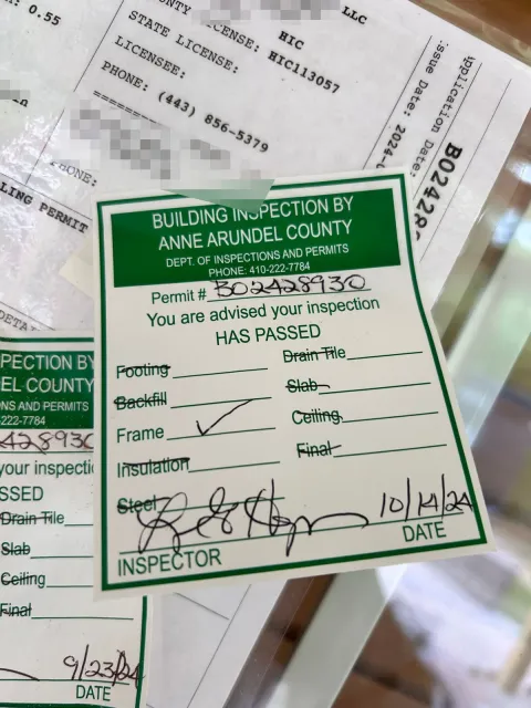 Anne Arundel County inspection passed sticker on a PRG Home Improvement project — the permit question answered