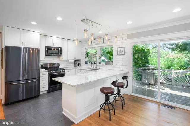 Modern farmhouse kitchen with white shaker cabinets and quartz island in Odenton MD